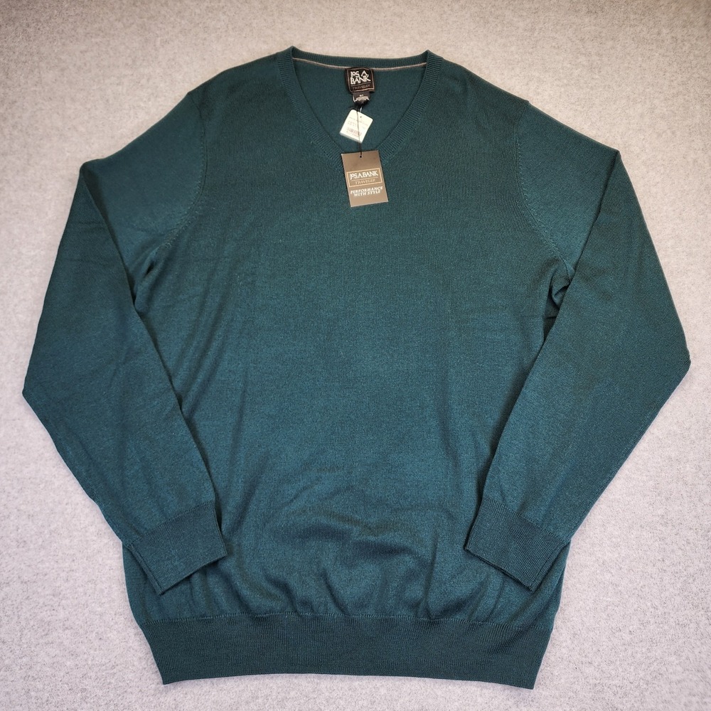 Jos A Bank Traveler‎ Mens XLT 100% Merino Wool V Neck Green Sweater Classic - Picture 2 of 7